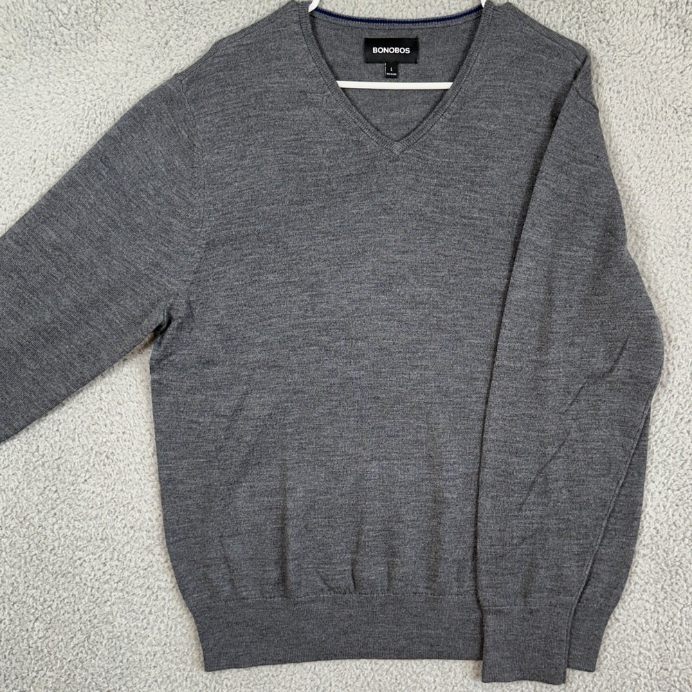 Bonobos Extra Fine Merino Wool Sweater V-Neck Mens Large Gray Pullover Outdoor